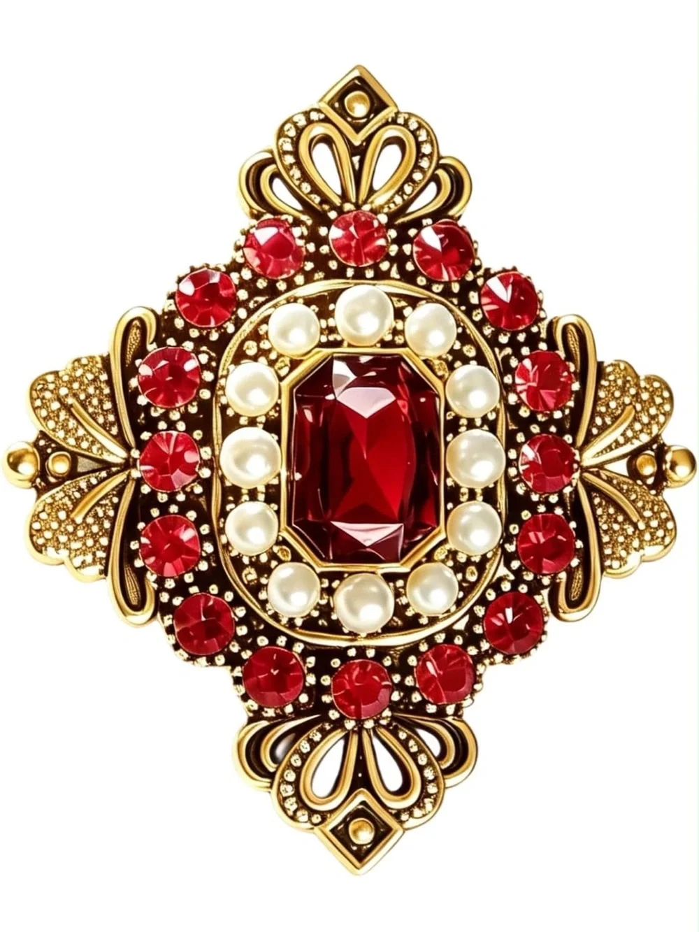 Anthropologie Gold-Tone Brooch with Red Stones and Pearl Accents